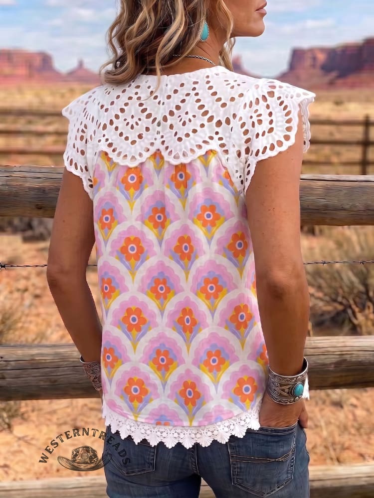 Vintage Art Print Comfortable Summer Fabrics Hollowed Out Lace Patchwork Shirt