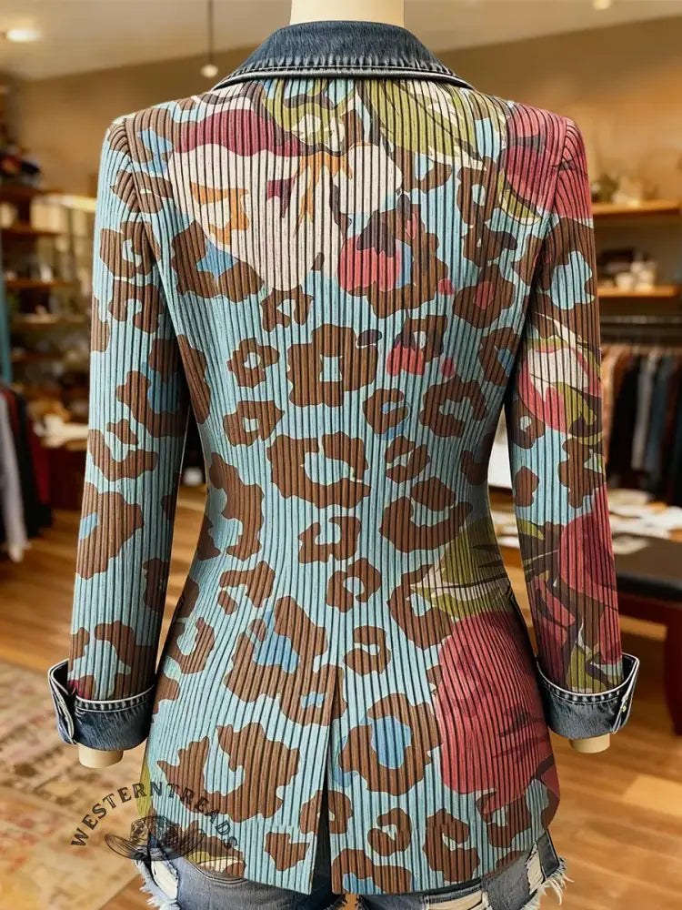 Leopard Flower Art Print Patchwork Denim Sweater Cardigan Coat