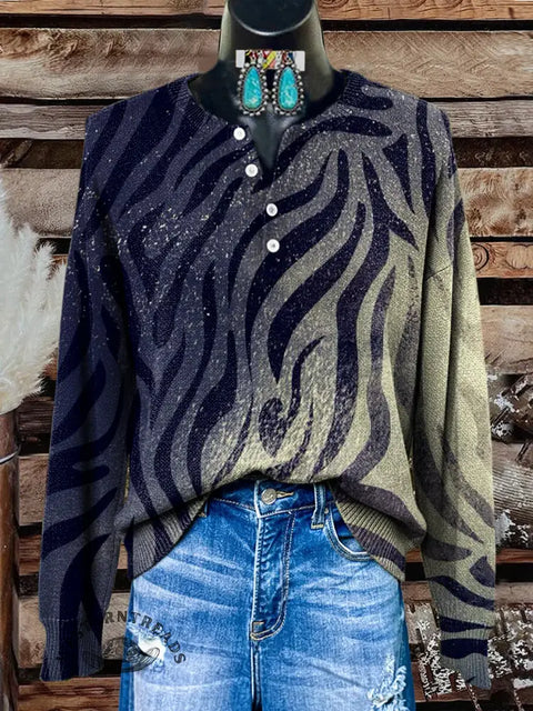 Retro Gradient Zebra Print Buttoned Cardigan Sweater