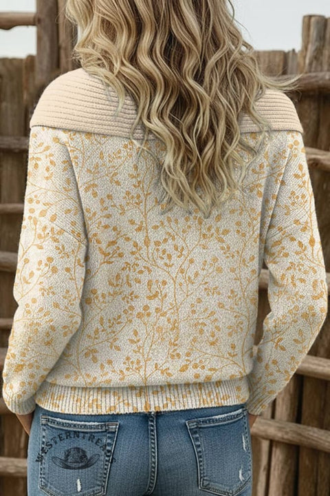 Women's Graceful Plants Print Casual Cotton Sweater