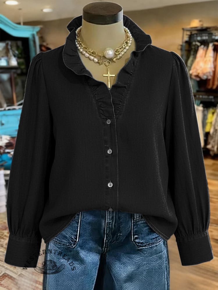 Women's Retro Print Casual Cotton And Linen Ruffle Shirt