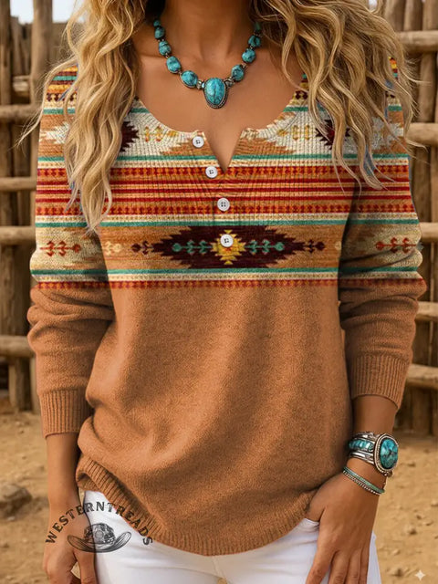 Retro Aztec Gradient Pattern Print Women's Casual Pullover Sweater