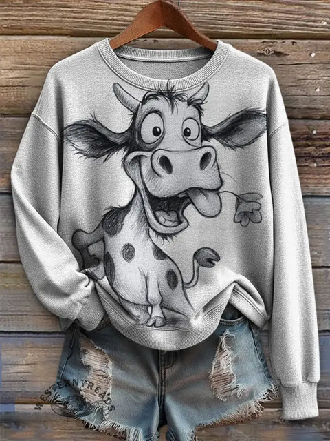 Cow Art Print Casual Sweatshirt