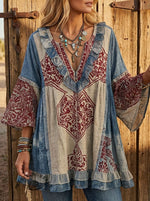 Vintage Art Print Casual Patchwork Ruffle Top