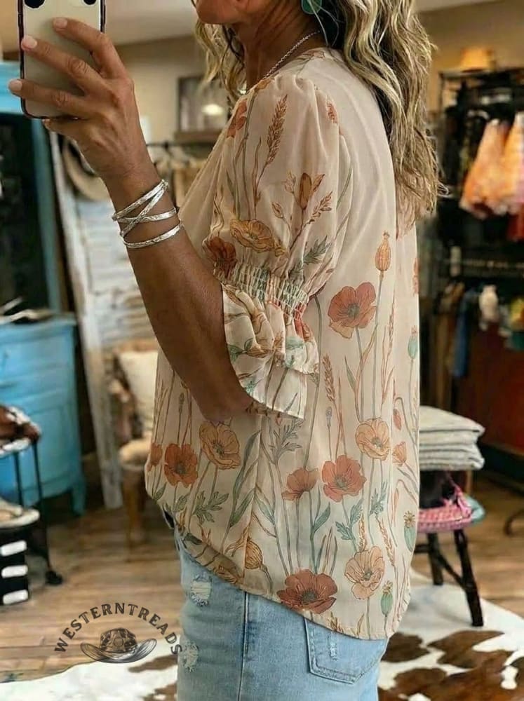 Women's Vintage Floral Print Casual Chiffon Ruffle Shirt
