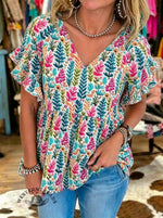 V-neck Tropical Botanical Print Peplum Top