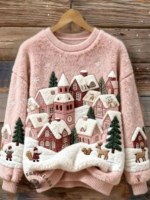 Women's Christmas House Snow Scene Art Print Cozy Plush Sweater