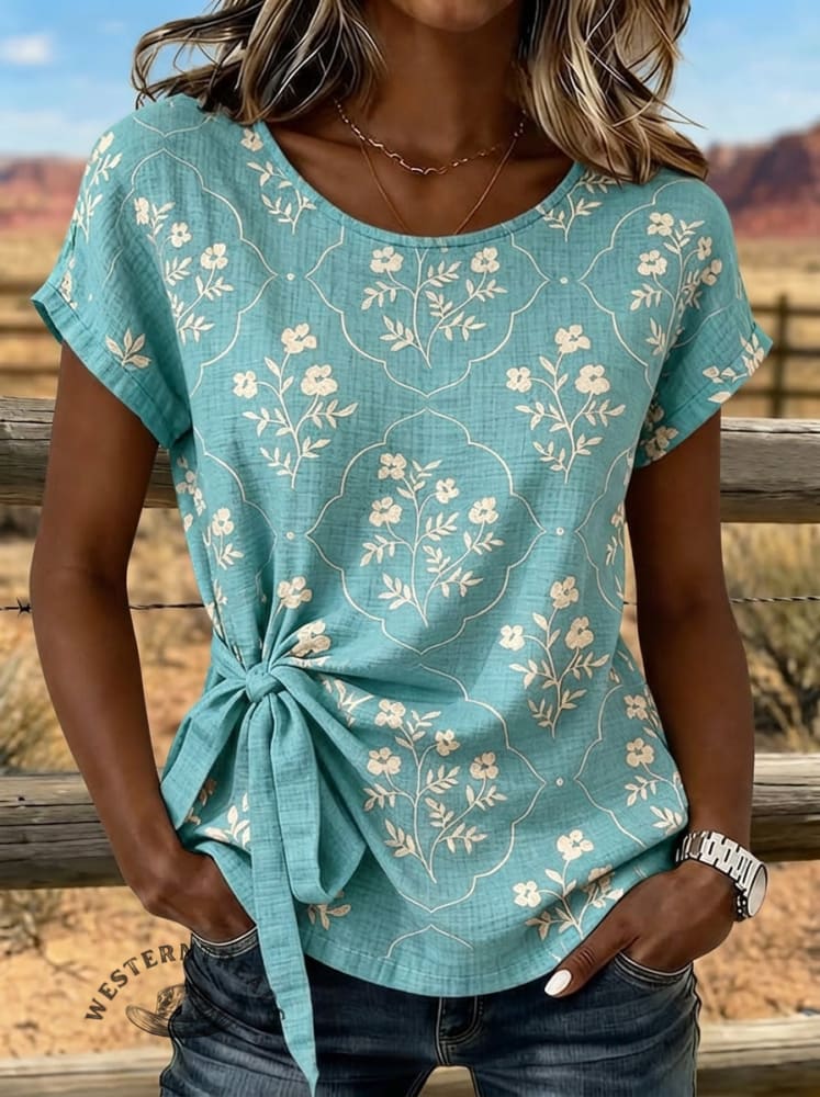 Retro Floral Art Tie Cotton Linen T-shirt