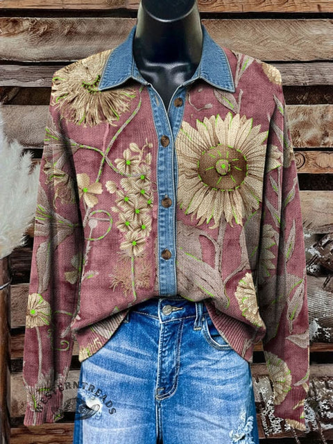 Denim Floral Polo Collar Button Cardigan Sweater