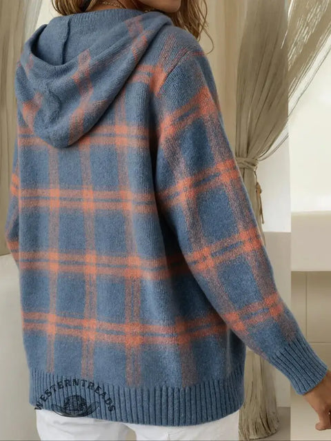 Blue Plaid Button Down Hoodie Sweater
