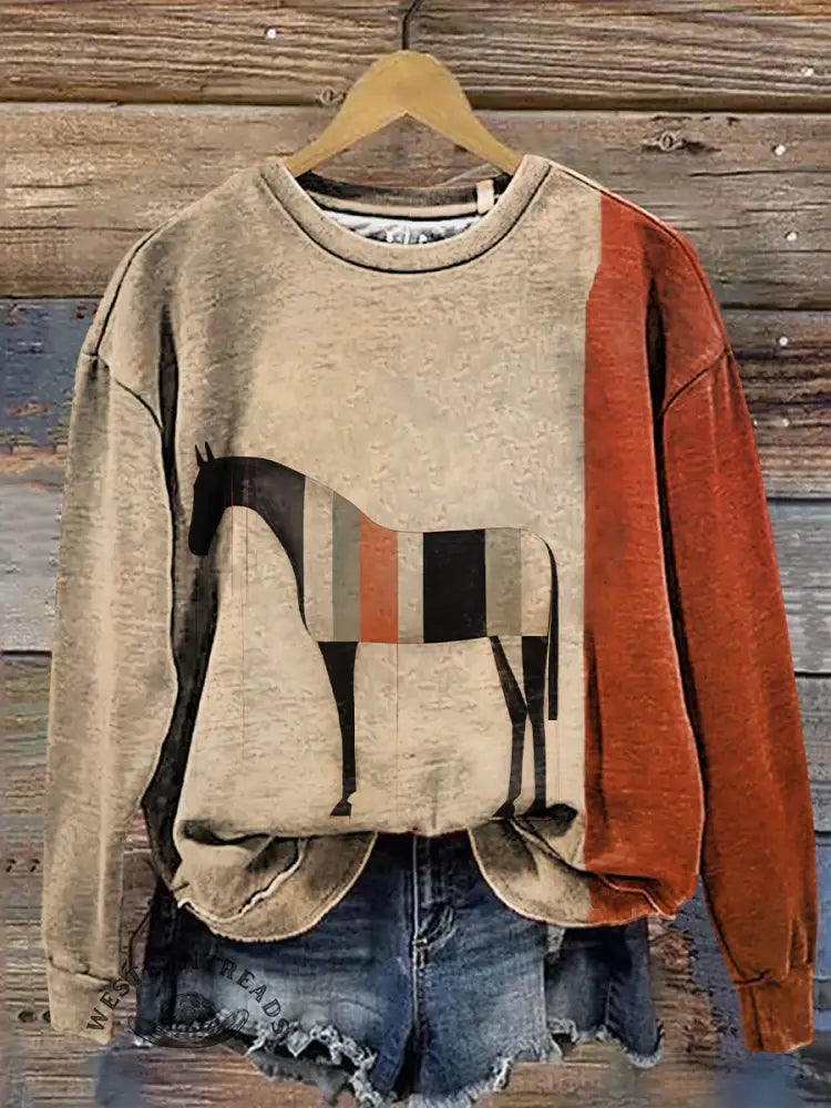 Retro Horse Art Casual Cotton Sweatshirt