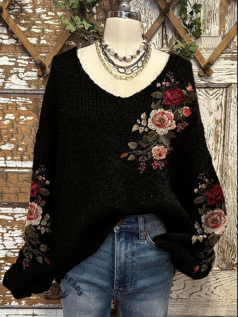 Women's Floral Art Pattern Print Casual V-neck Pullover Knit Top