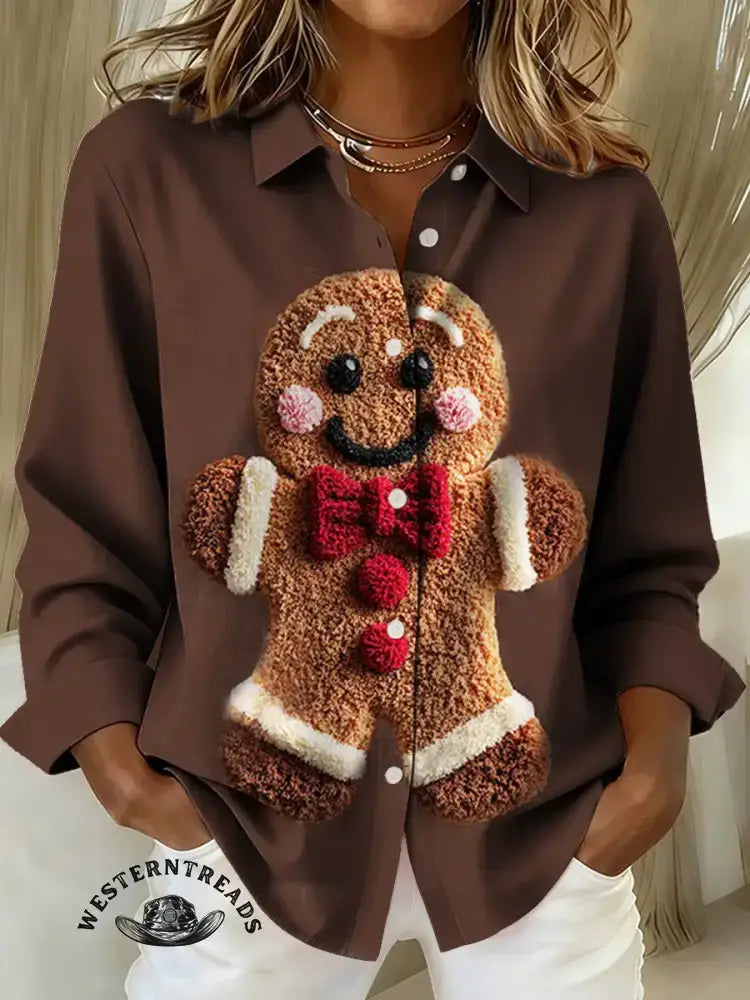 Vintage Cute Christmas Gingerbread Man Prints Casual Cotton Sweatshirt