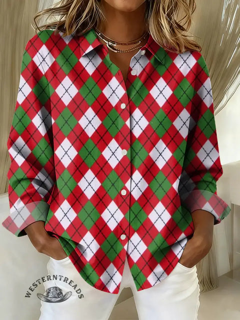 Women's Christmas color plaid Print Casual Cotton Shirt