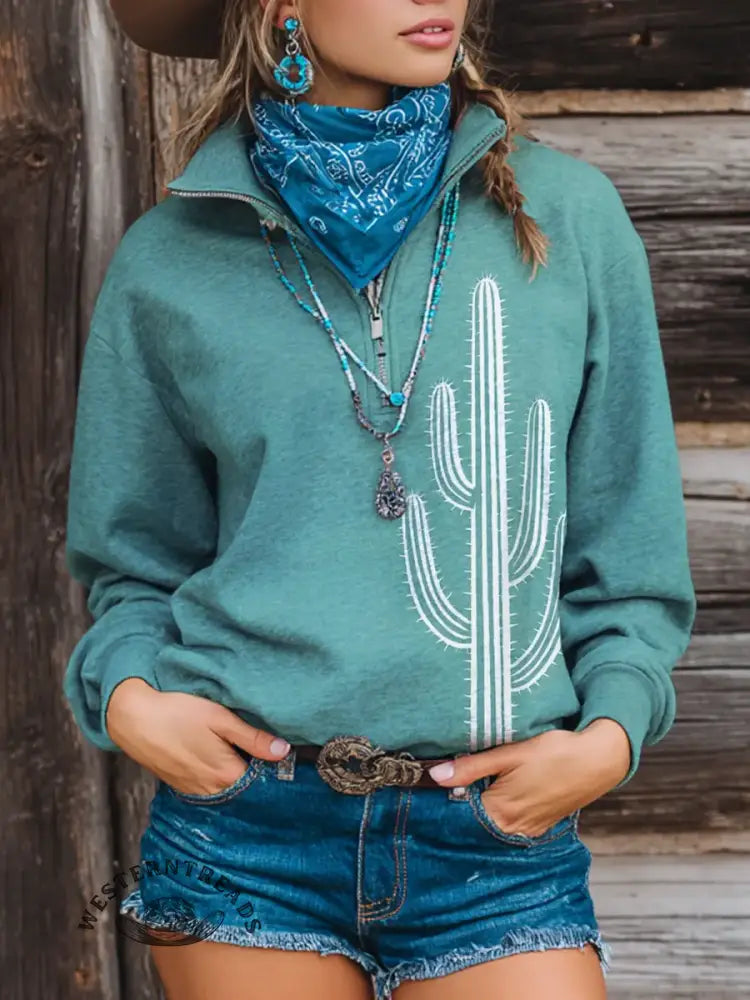 Vintage Print Casual Long Sleeve Zip Sweatshirt