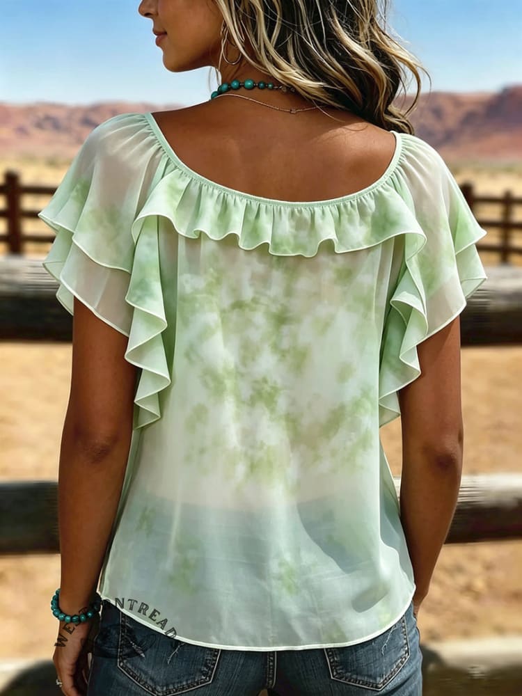Women's Vintage Ruffle Patchwork Chiffon Casual Shirt