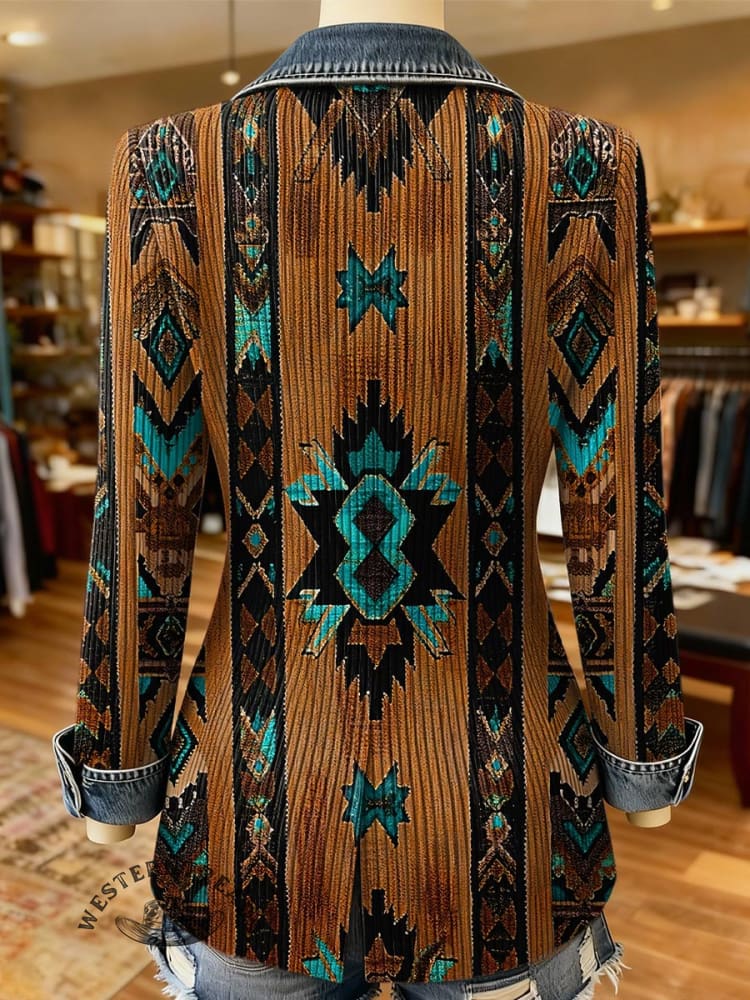 Retro Aztec Print Patchwork Denim Sweater Cardigan Coat