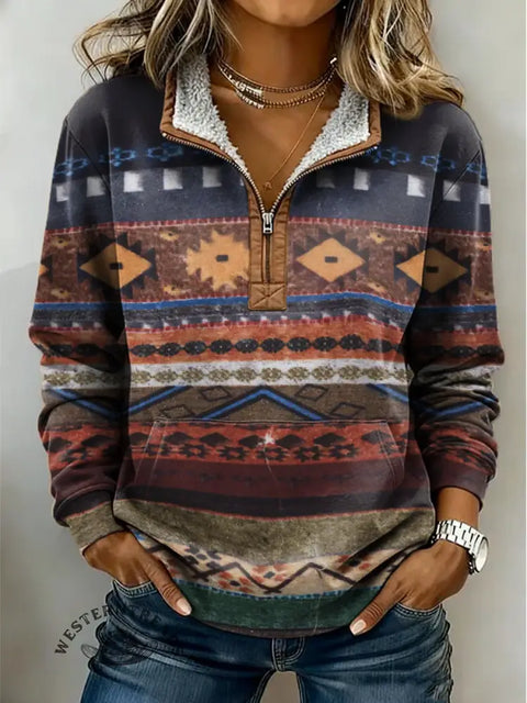 Casual Retro Aztec Art Print Half-Zip Cotton Sweatshirt
