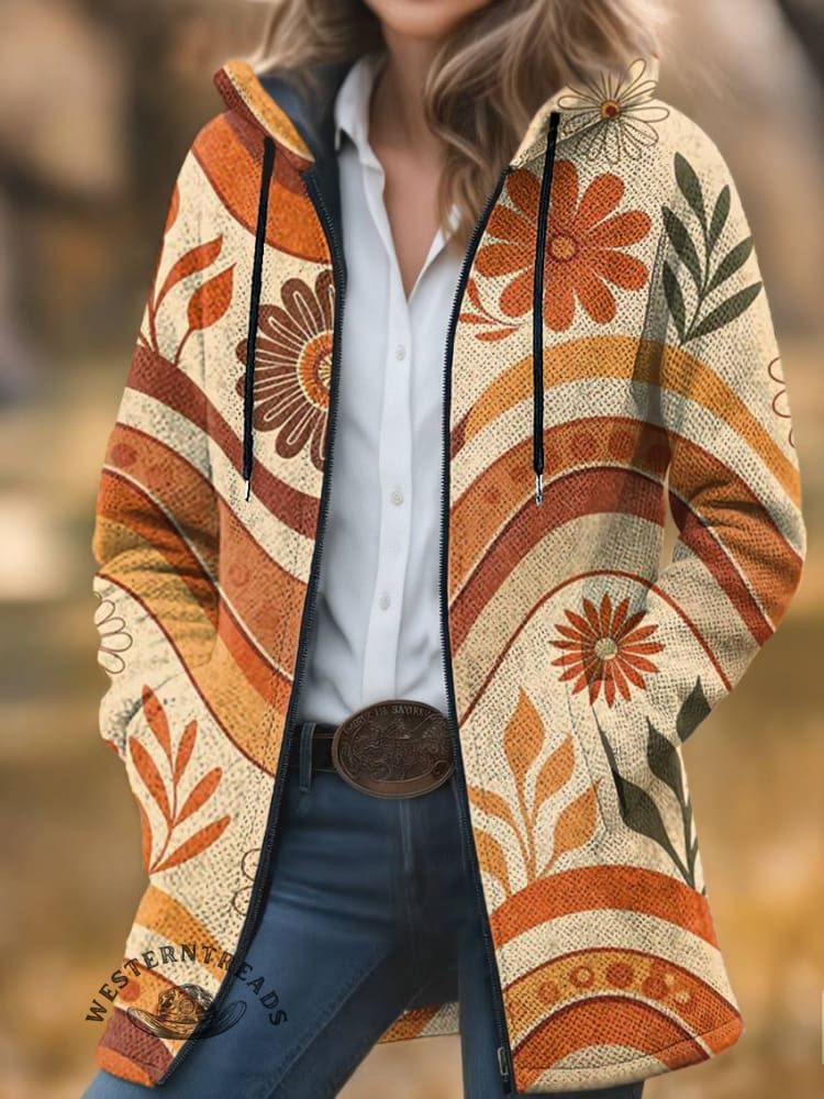 Retro 70s Print Unisex Plush Thick Long-sleeved Cardigan Coat