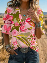 Women's Retro Floral Art Puff Sleeve Casual Shirt