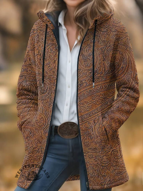 West Print Unisex Plush Thick Long-sleeved Cardigan Coat