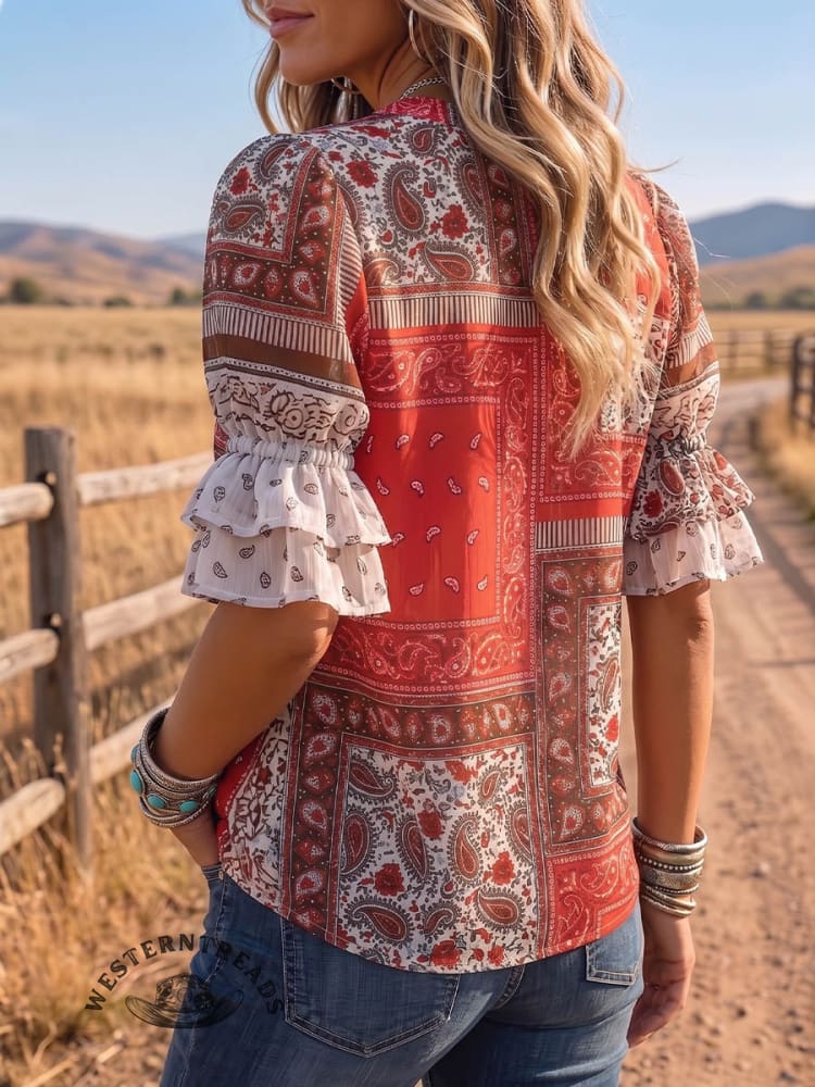 Vintage Art Print Comfortable Summer Fabrics Puff Sleeve Casual Shirt