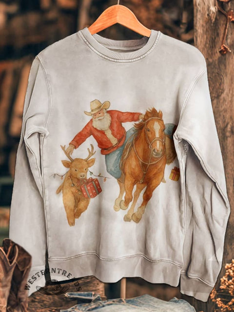 Western Christmas Art Print Casual Cotton Sweatshirt