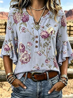 Women's Vintage Flower Ruffle Neck Cotton Top