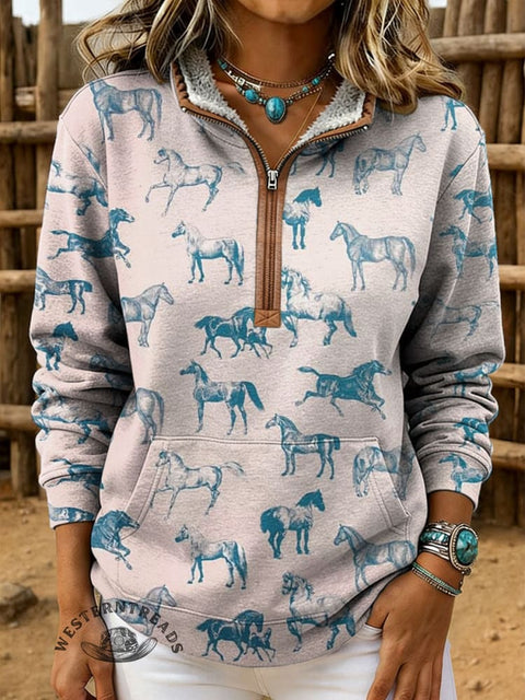 Retro Horse Print Casual Half-zip Cotton Sweatshirt