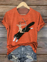 A Woman Riding A Cat And Shooting Arrows Print Classic Short-sleeved T-shirt