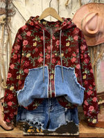 Retro Print Casual Cotton Patchwork Hooded Zip-up Sweatshirt