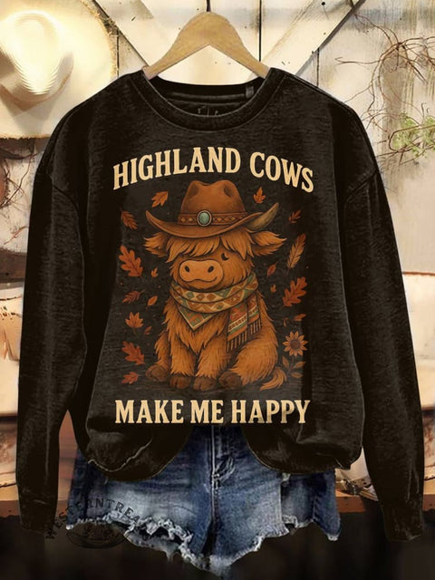 Highland Cows Print Casual Cotton Sweatshirt