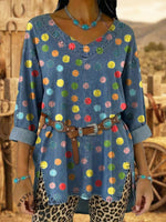 Vintage Elegant Denim Polka Dots Aztec Art Shirt