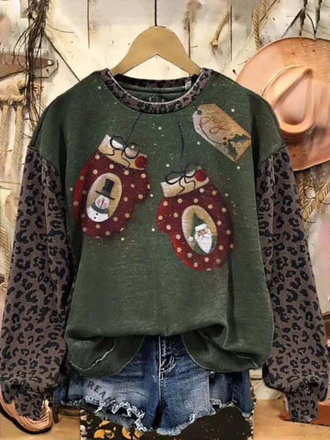Retro Snowman Print Casual Cotton Leopard Print Christmas Sweatshirt