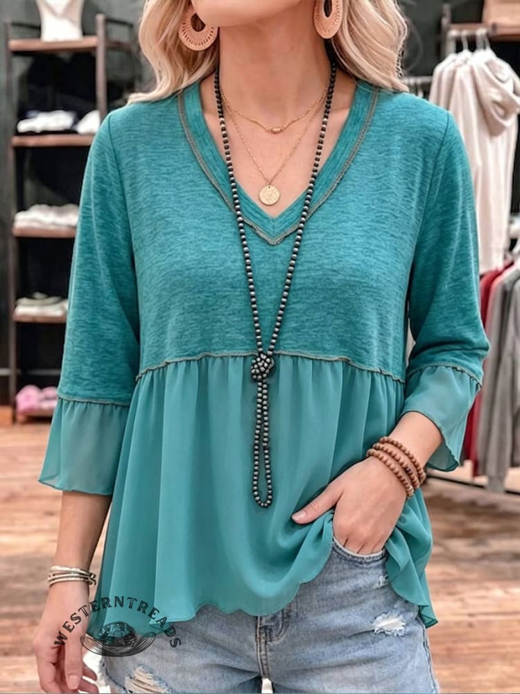 Mixed Media Chiffon Blouse • Casual V-neck Top