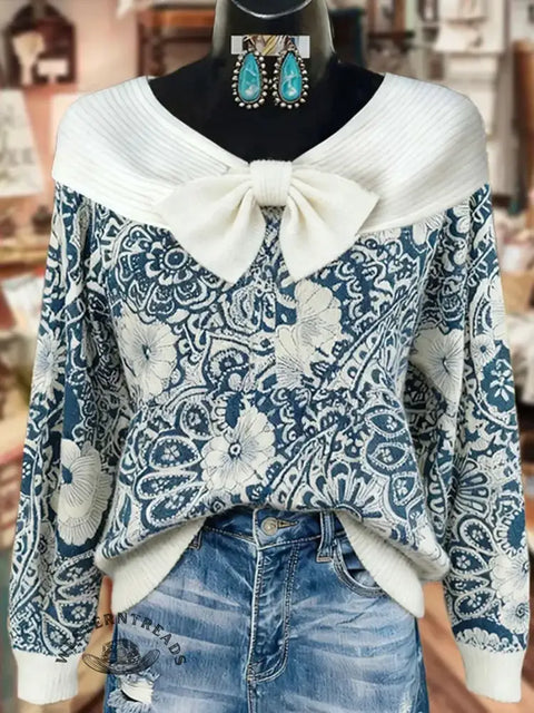 Elegant Floral Pattern Bow Detailed Sweater