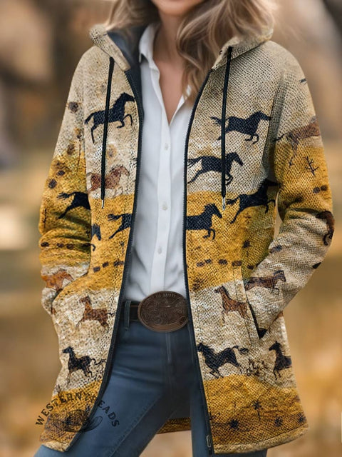 Horse Art Print Unisex Plush Thick Long-sleeved Cardigan Coat