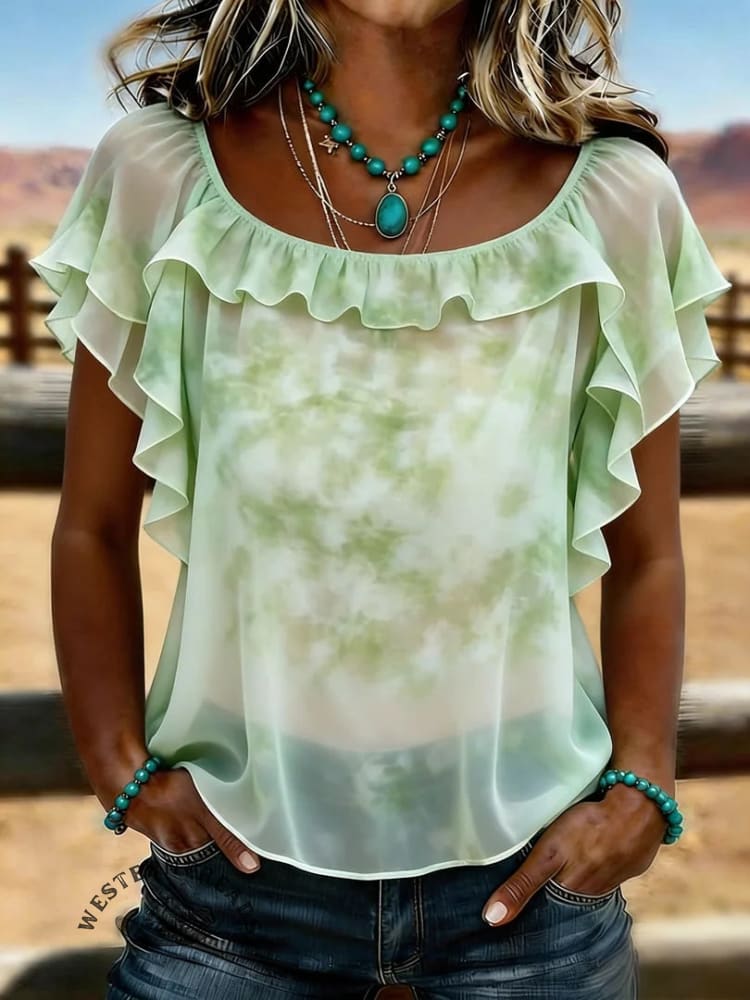 Women's Vintage Ruffle Patchwork Chiffon Casual Shirt