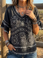 Vintage West Art Print Patchwork Cotton And Linen Shirt
