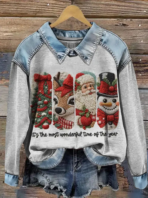 Christmas Art Print Casual Denim Patchwork Sweatshirt