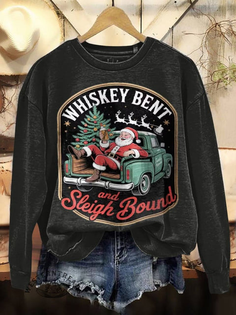 Whiskey Bent And Sleigh Bound Print Casual Cotton Sweatshirt