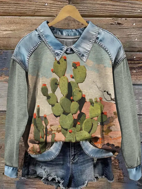 Cactus Art Print Casual Denim Patchwork Sweatshirt