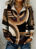 Women's Retro Abstract Geometric Print Casual Color-blocked Casual Half-zip Cotton Sweatshirt