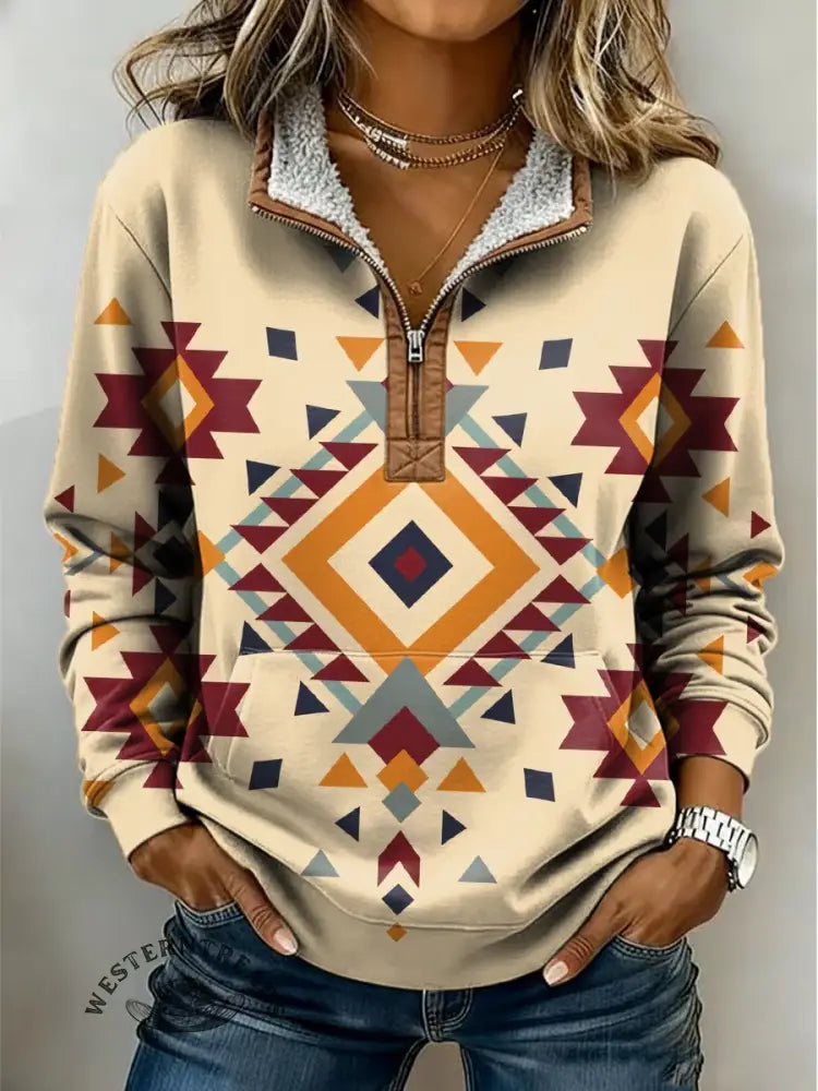 Retro Aztec Print Casual Half-zip Cotton Sweatshirt