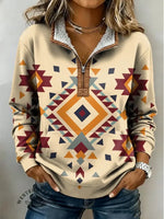 Retro Aztec Print Casual Half-zip Cotton Sweatshirt