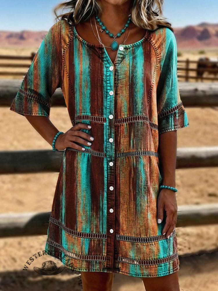 Vintage Print Casual Hollow-Out Denim Dress