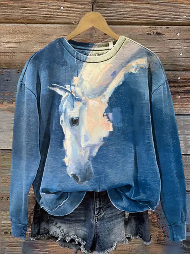 White Horse Art Print Casual Cotton Sweatshirt