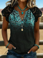 Women's Vintage Art Print Lace Patchwork Top