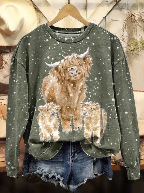 Highland Cattle Print Casual Cotton Sweatshirt