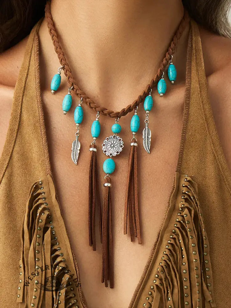 Bohemian Vintage Ethnic Style Turquoise Pendant Woven Tassel Velvet Choker Necklace